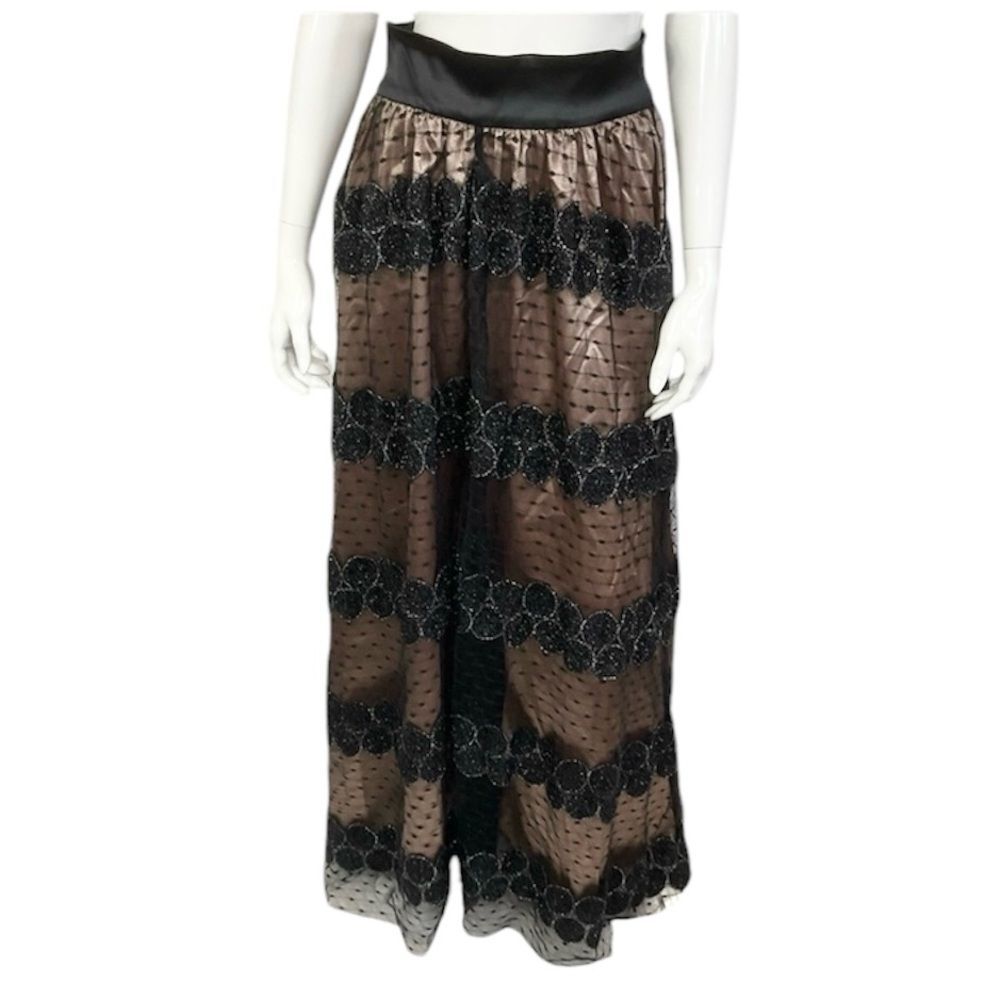 NEW Eva Franco Black Tan Embroidered Lace Tulle Overlay Long Maxi Skirt Size 6